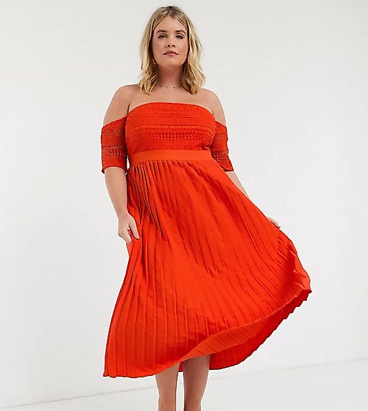 Little Mistress Plus – Plissiertes Midaxi-Kleid aus Spitze in Orange günstig online kaufen
