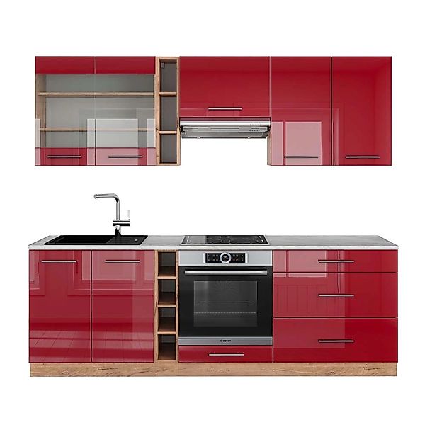 Vicco Fame-Line Küchenzeile Bordeaux Hochglanz/Goldkraft Eiche 235 cm AP Ma günstig online kaufen