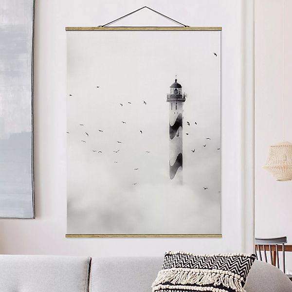 Stoffbild Strand mit Posterleisten - Hochformat Leuchtturm im Nebel günstig online kaufen