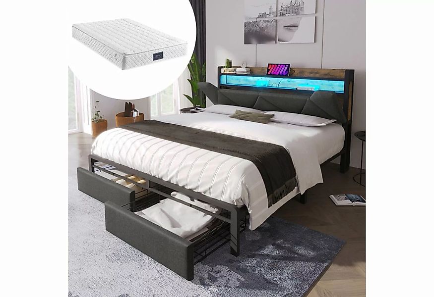 PFCTART Bett 160 x 200cm Polsterbett Stauraum-Kopfteil und LED-Beleuchtung günstig online kaufen