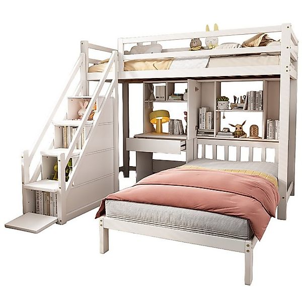 Merax Etagenbett 90x200cm mit Schreibtisch und Regale, Kinderbett mit Staur günstig online kaufen