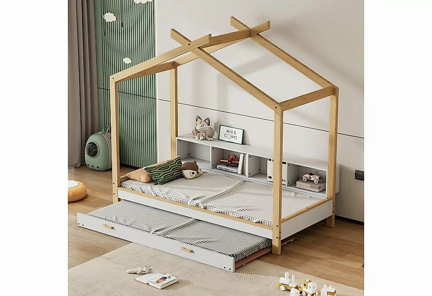 OKWISH Kinderbett mit vier Fächern Regale, mit ausziehbarem Rollbett (Kiefe günstig online kaufen