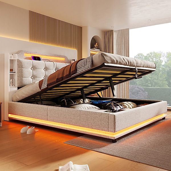 TavilaEcon Boxspringbett aus Leinenstoff und MDF-Umweltplatten, günstig online kaufen