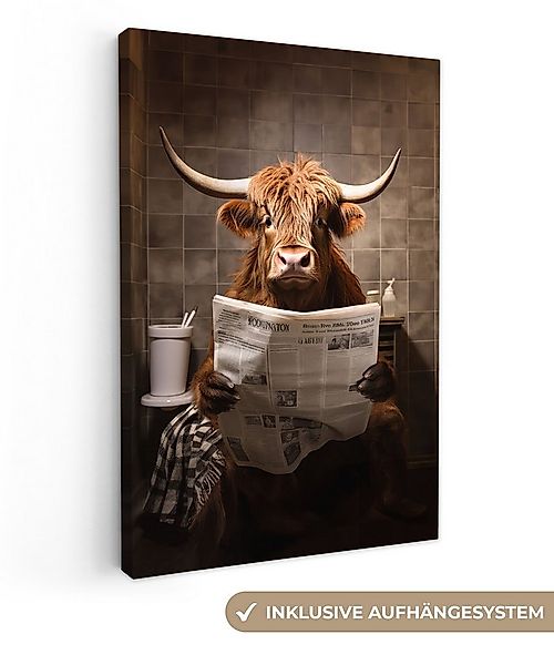 OneMillionCanvasses® Leinwandbild Schottische Highlander - Zeitung - Toilet günstig online kaufen