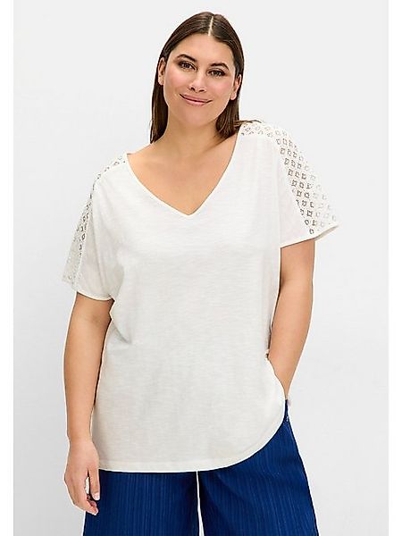 Sheego T-Shirt Große Größen mit Spitze und V-Ausschnitt, aus Flammgarnjerse günstig online kaufen