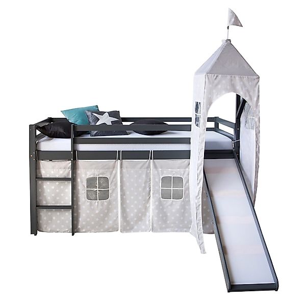 Homestyle4u Hochbett 90x200 mit Vorhang Rutsche und Turm in Grau Sterne 187 günstig online kaufen