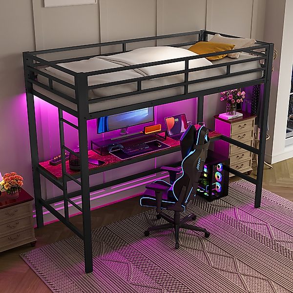 STILVORA Hochbett 90×200 Jugendbett mit Steckdose+USB,Tisch,Metallbett günstig online kaufen