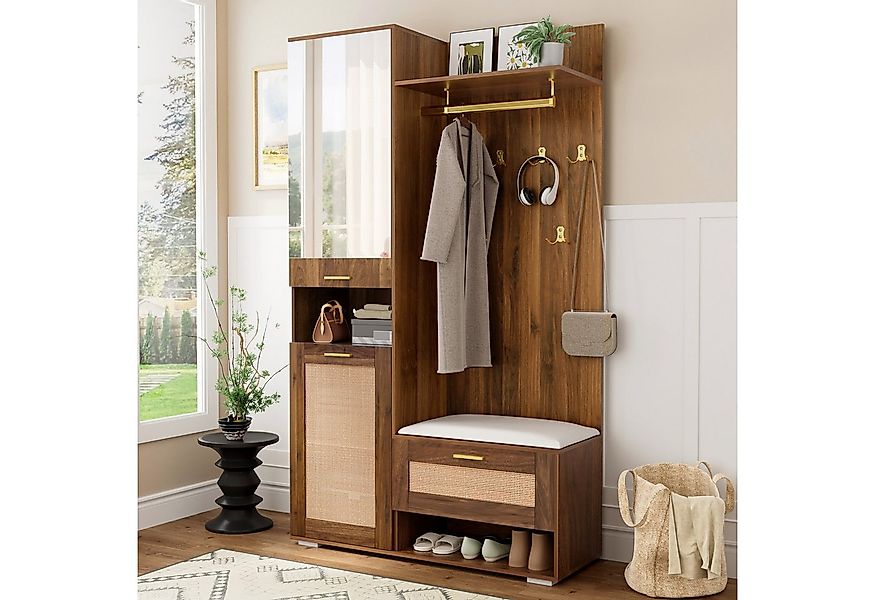 Merax Garderoben-Set mit Spiegel & goldenen Akzenten, Flurschrank mit LED-B günstig online kaufen