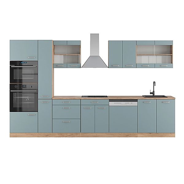 Vicco R-Line Küche Blau-Grau/Goldkraft Eiche 350 cm mit Hochschrankohne Arb günstig online kaufen