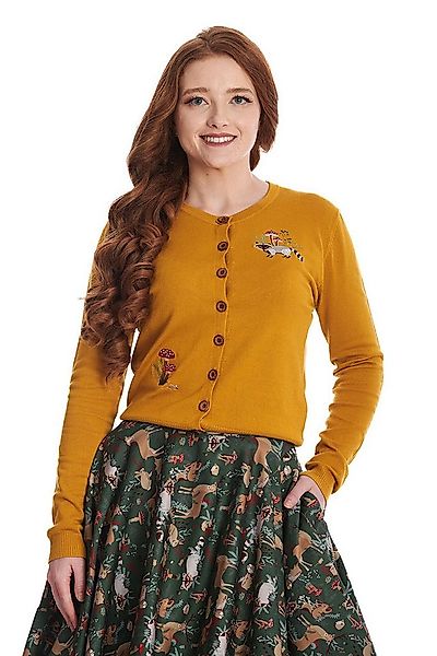 Banned Strickjacke Woodland Mushrooms Cardigan Senfgelb Vintage Waschbär günstig online kaufen
