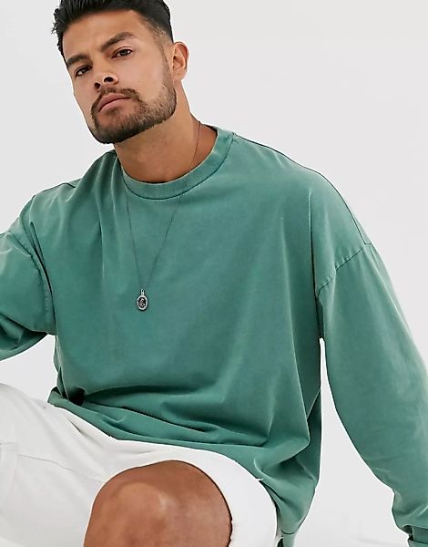 ASOS DESIGN – Kastenförmiges, langärmliges Oversized-Shirt in grüner Acid-W günstig online kaufen