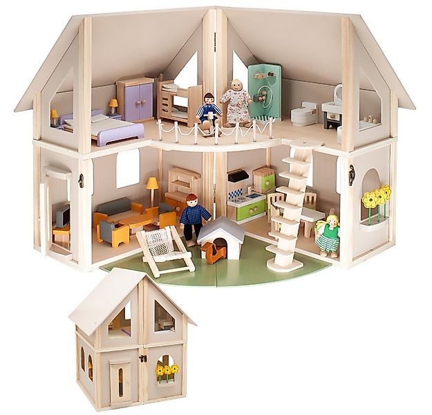 howa Puppenhaus, aus Holz klappbar inkl. 30tlg. Möbelset, 4 Puppen und Hund günstig online kaufen