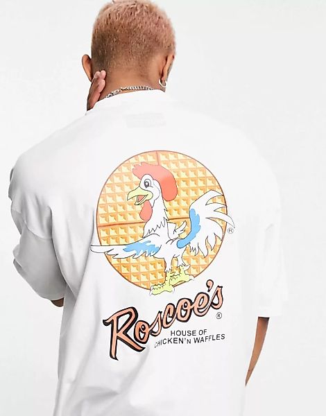 ASOS DESIGN – Oversize-T-Shirt in Weiß mit „Roscoes House of Chicken' N Waf günstig online kaufen