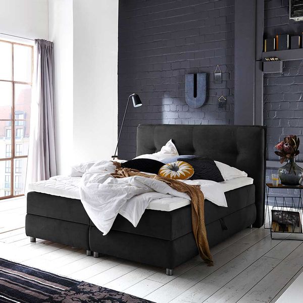 Springboxbett in Schwarz Webstoff Bettkasten günstig online kaufen