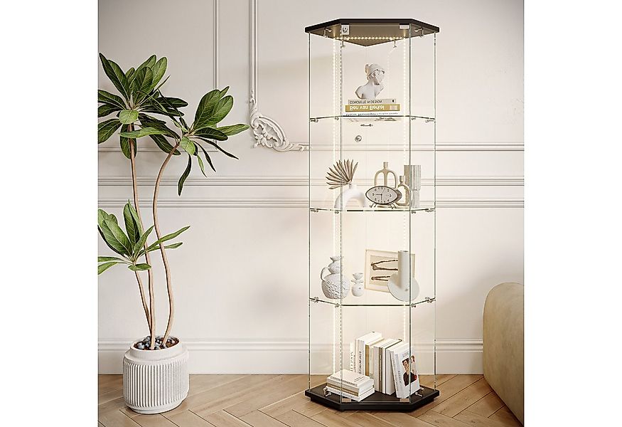 FUROKOY Glasvitrine Fünfeckige Standvitrinen (Schwarz 5 Lagen Sammlervitrin günstig online kaufen