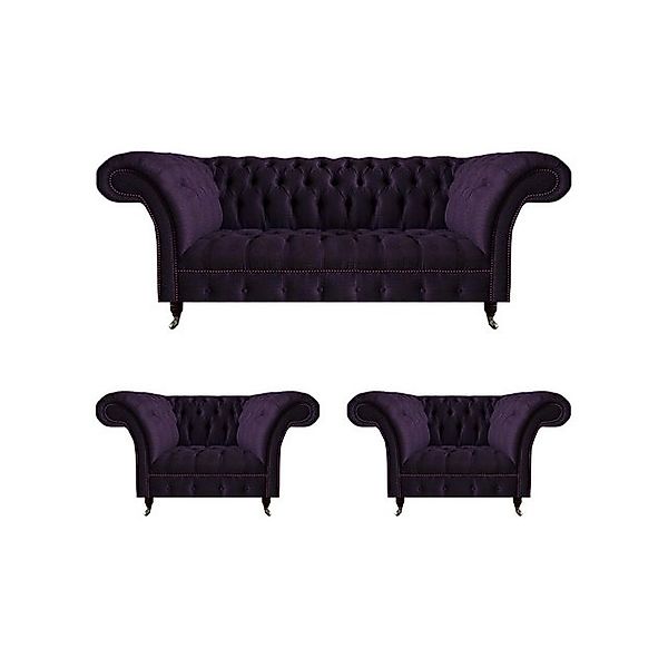 JVmoebel Chesterfield-Sofa Komplett Set 3tlg Sofa Dreisitze Stoff Lila 2x S günstig online kaufen