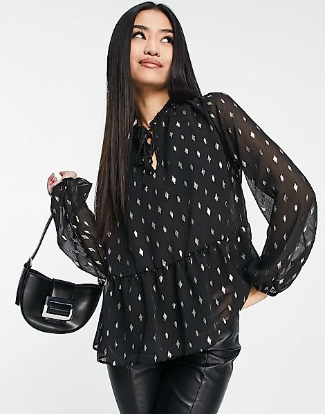 New Look – Bluse in schwarz gemustert mit Schößchen günstig online kaufen