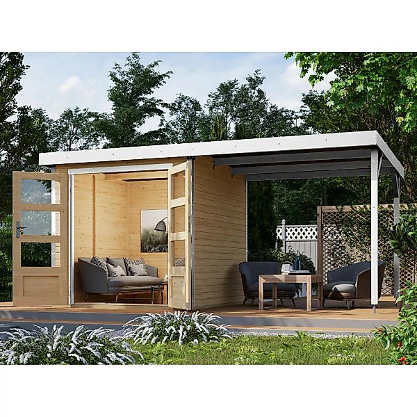 Karibu Gartenhaus Set Ernesto A Naturbelassen-Weiß mit Anbaudach 4,45 m² günstig online kaufen