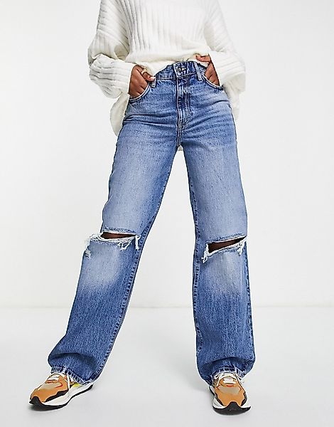 River Island – Dad-Jeans aus mittelblauem Denim mit Rissen an den Knien günstig online kaufen