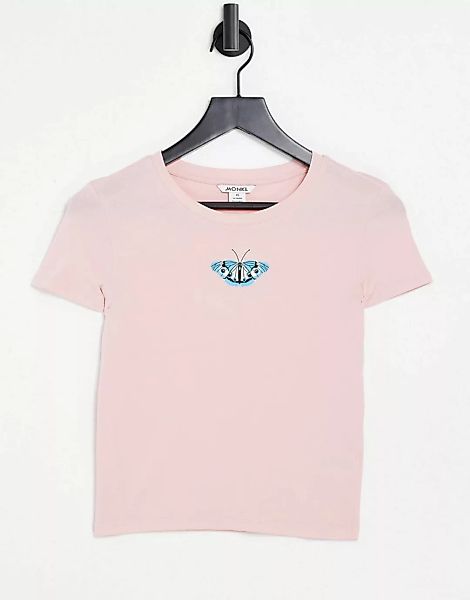 Monki – Molly – T-Shirt aus Bio-Baumwolle in Rosa mit Schmetterlingsprint i günstig online kaufen