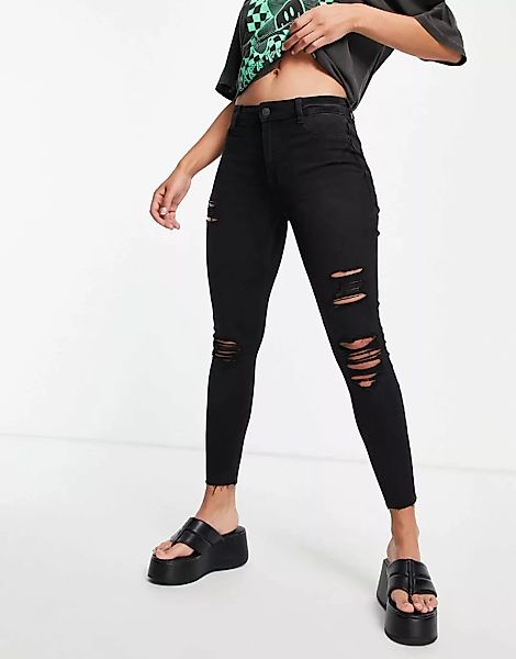 New Look – Enge Jeans in Schwarz mit hohem Bund und Zierrissen günstig online kaufen