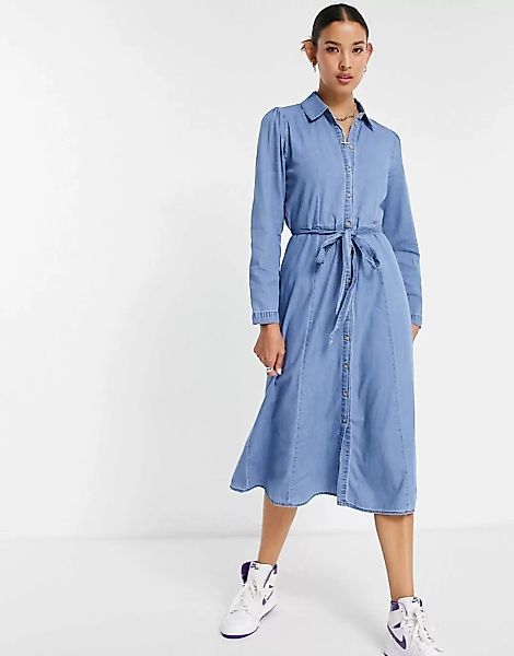 Only – Midi-Hemdkleid aus Denim mit Schulterdetail-Blau günstig online kaufen