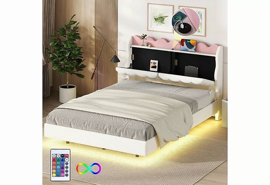 REDOM Polsterbett Doppelbett mit Nachtkästchen, mit Lichtleiste, mit USB-La günstig online kaufen