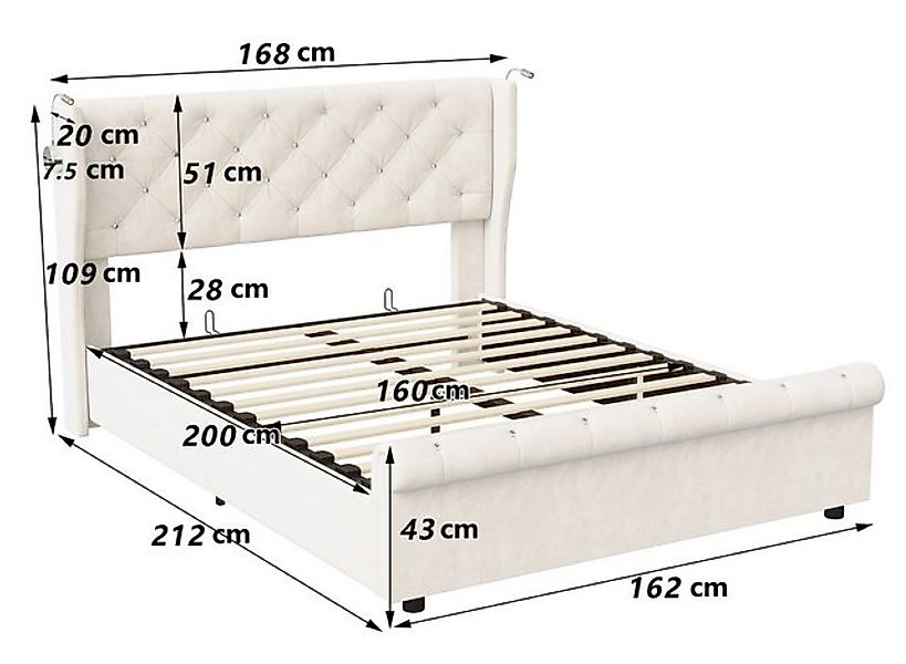 FUROKOY Polsterbett Doppelbett Stauraumbett Hydraulisch anhebbarer mit LED günstig online kaufen