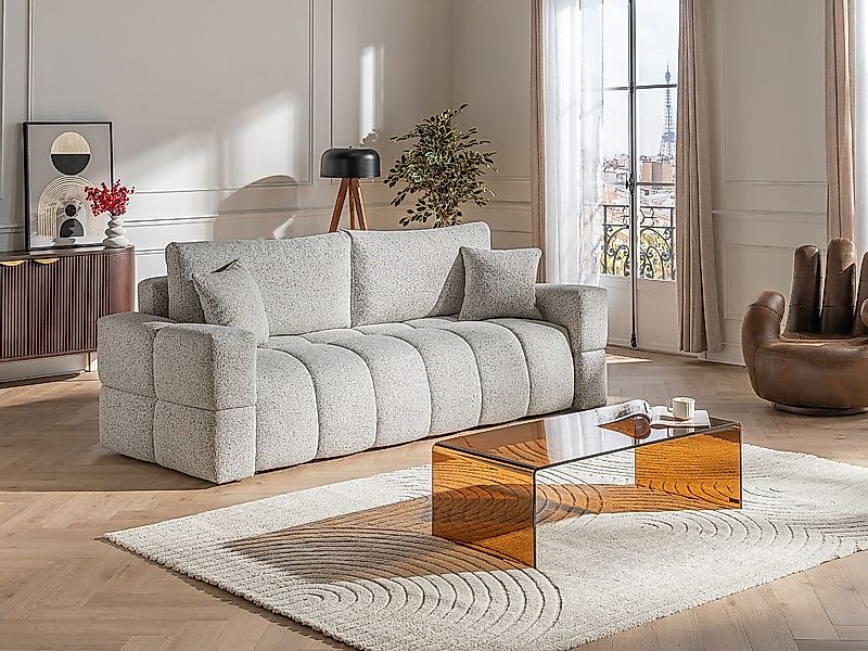 Sofa 3-Sitzer mit Schlaffunktion - Bouclé-Stoff - Hellgrau - ISSORO II günstig online kaufen
