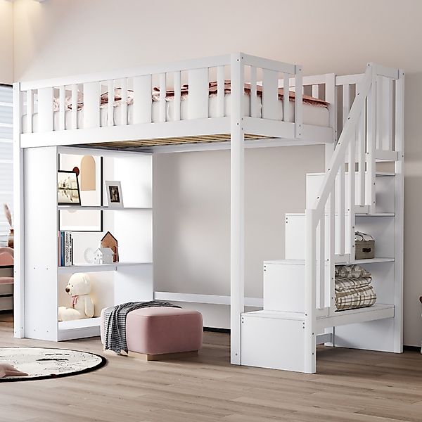 Flieks Hochbett Kinderbett 90x200cm mit Stauraumtreppe günstig online kaufen