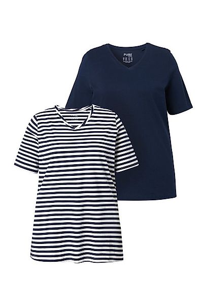 Ulla Popken T-Shirt T-Shirts 2er-Pack Ringel/uni V-Ausschnitt Halbarm günstig online kaufen