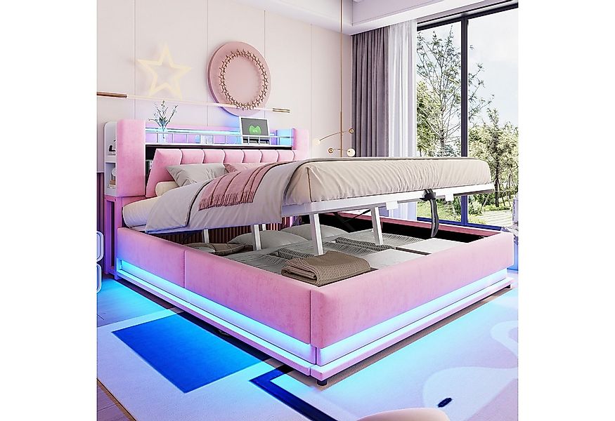 Merax Polsterbett mit LED-Beleuchtung und USB-Anschluss (Metalllattenrahmen günstig online kaufen