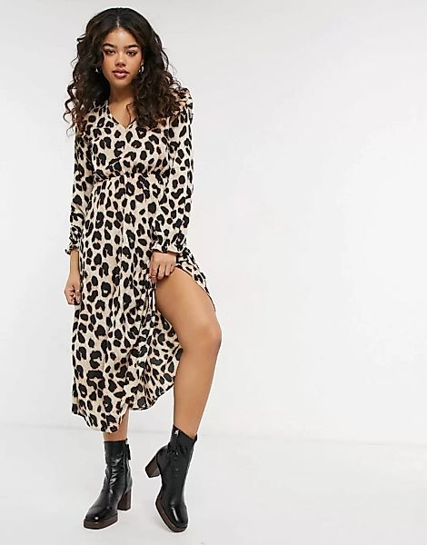 Pieces – Midi-Kleid mit Leopardenmuster mit Rüschen an den Schultern-Mehrfa günstig online kaufen