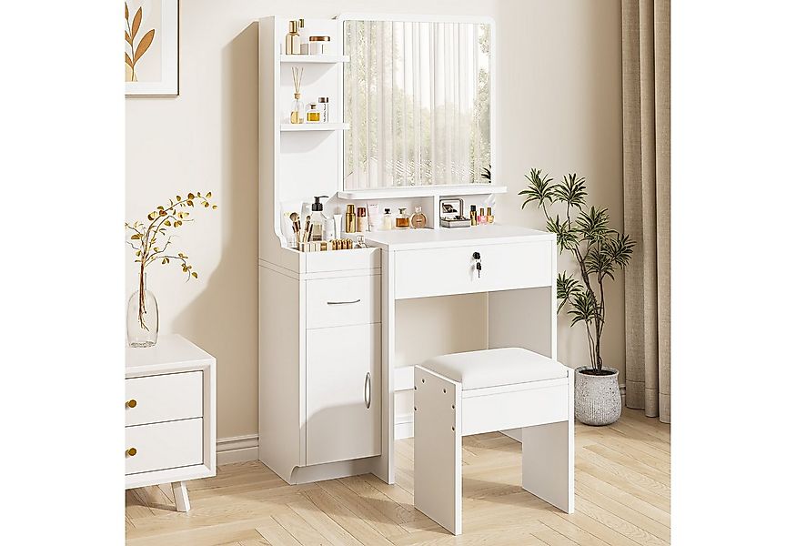 Dripex Schminktisch mit Spiegel, Hocker und Schubladen, Weiß, 87 x 38,3 x 1 günstig online kaufen