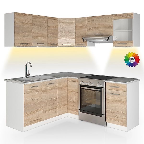 Vicco Rick Eckküche Weiß/Sonoma 187 x 167 cm AP Marmor mit LED-LeistenRick günstig online kaufen