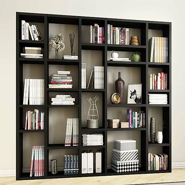 Wohnzimmer Bücherwand in Eiche Schwarz Braun Made in Germany günstig online kaufen