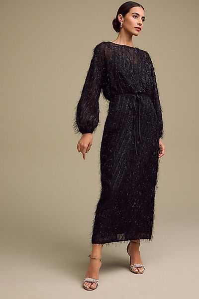 Next Maxikleid Langärmeliges Glitzer-Maxikleid mit Bindegürtel günstig online kaufen