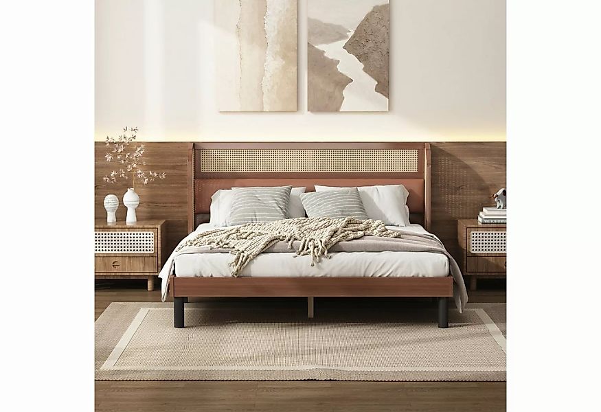 IDEASY Holzbett Rattan-Doppelbett, 160 x 200 cm, Mittelstange, gebogenes Ko günstig online kaufen