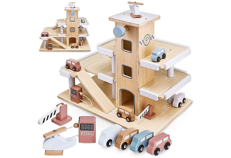 Mamabrum Spiel-Parkhaus Parkhaus aus Holz – Garage mit Autos und Hubschraub günstig online kaufen