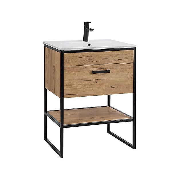 Lomadox Waschtisch MANHATTAN-56, Gold Craft Oak Eiche schwarz 60/85/46cm günstig online kaufen