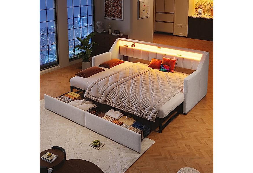 Flieks Daybett, Polsterbett 90/180x200cm mit USB-Aufladen, LED-Leiste und 2 günstig online kaufen