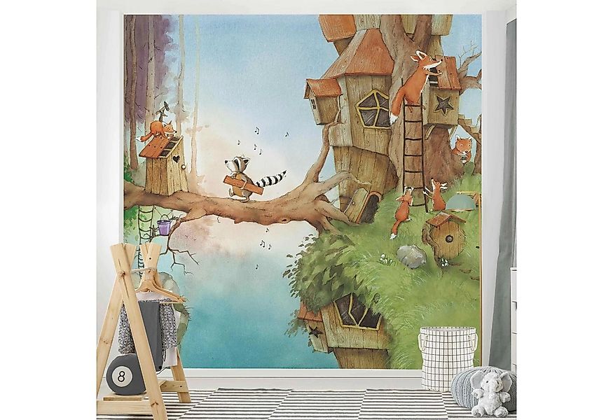 Bilderdepot24 Kindertapete Kinderzimmer Wassili Waschbär Wald Füches Baum K günstig online kaufen