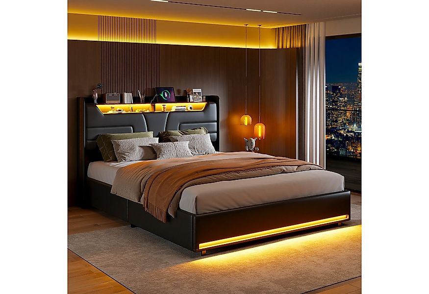 PXloue Polsterbett Doppelbett (Kopfteil mit 2 Steckdosen + USB), LED-Beleuc günstig online kaufen