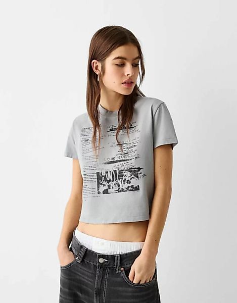 Bershka T-Shirt Im Washed-Look Mit Print Damen L Grau günstig online kaufen