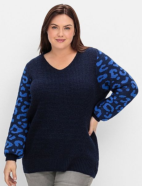 Sheego Strickpullover V-Ausschnitt-Pullover . mit gemusterten Ballonärmeln günstig online kaufen