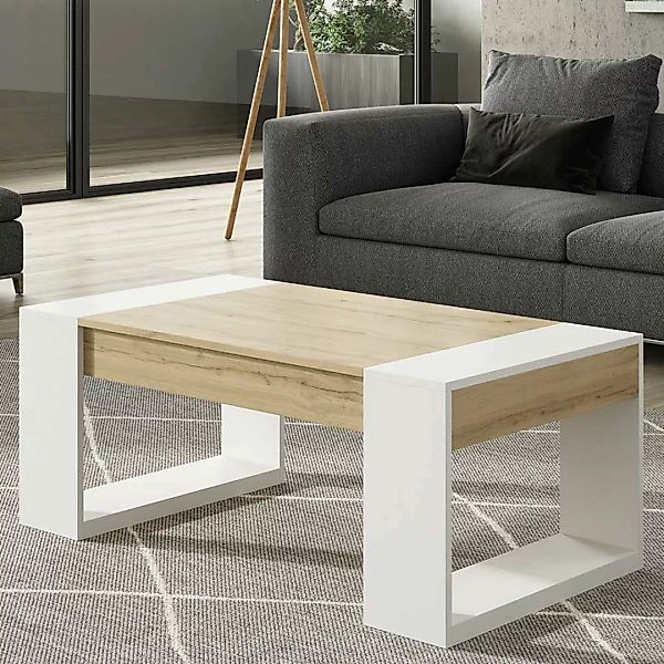 Sofa Tisch in Weiß und Wildeiche Optik hochklappbarer Tischplatte günstig online kaufen