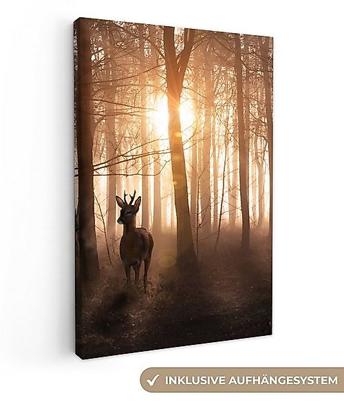 OneMillionCanvasses® Leinwandbild Wald - Hirsche - Sonne - Bäume - Winter - günstig online kaufen