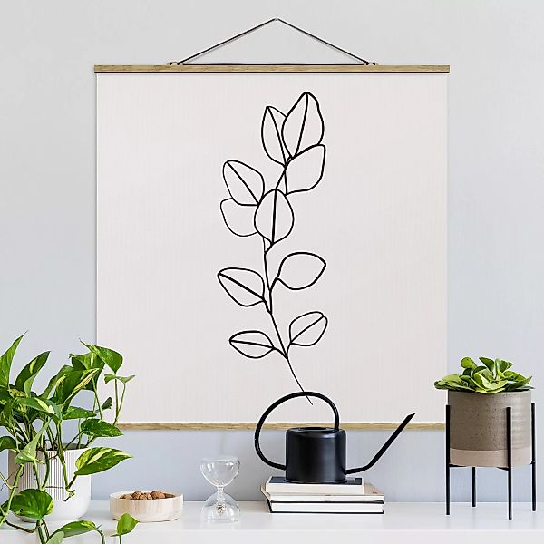 Stoffbild Blumen mit Posterleisten - Quadrat Line Art Zweig Blätter Schwarz günstig online kaufen