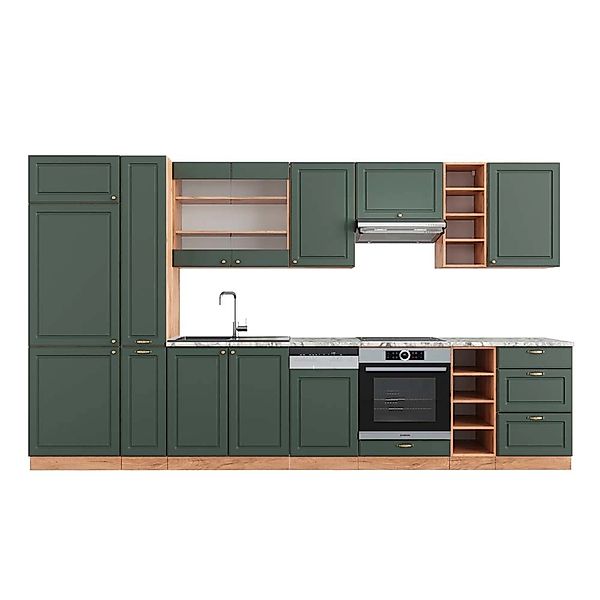 Vicco Fame-Line Küchenzeile Grün-Gold Landhaus/Goldkraft Eiche 355 cm AP Ma günstig online kaufen