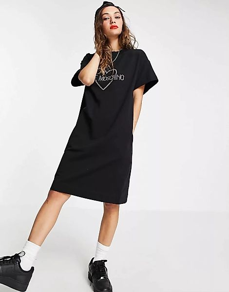 Love Moschino – Kurzärmeliges Kleid in Schwarz mit Logo vorne günstig online kaufen